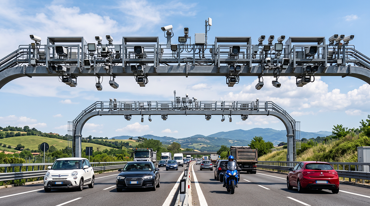 Portale Free Flow in autostrada per il rilevamento della targa dei veicoli